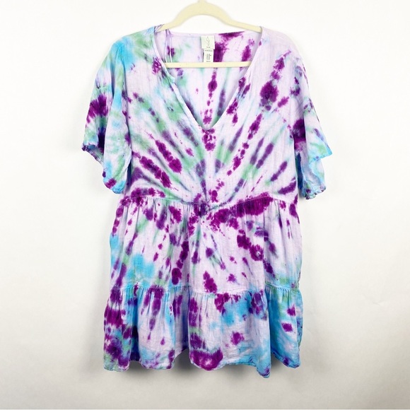 Joie 100% Linen Tiered Tie Dye V-neck Tunic Dress Pockets Purple Blue Sz Medium - Picture 1 of 4